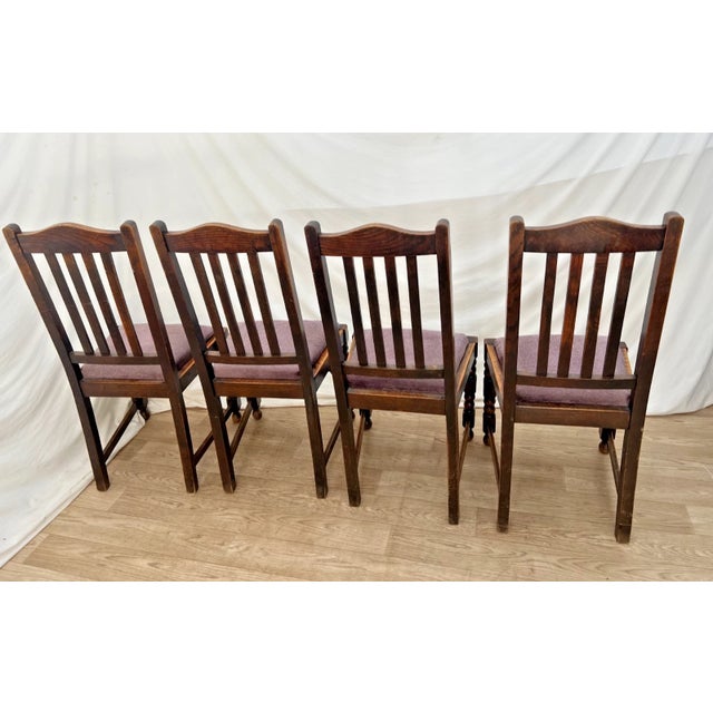 Early 20th Century Antique Chairs Set of Four, Barley Twist Accent, Solid Oak, Lavender Seats For Sale - Image 5 of 11