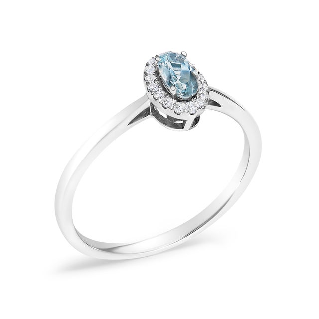 10K White Gold 5X3MM Oval Blue Aquamarine and Diamond Accent Halo Ring (I-J Color, I1-I2 Clarity) - Ring Size 8 For Sale - Image 4 of 7