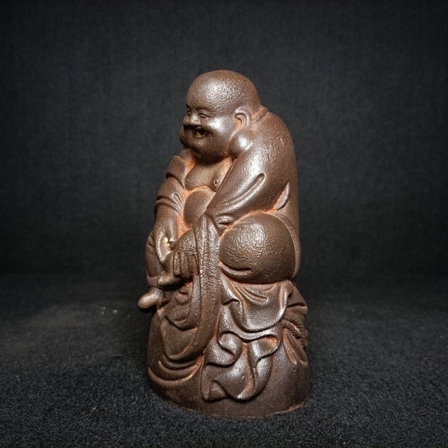 Art Deco Cast Iron Laughing Maitreya Buddha Seated Statue, Happy Buddha Sculpture, Chinese Decorative Figurine For Sale - Image 3 of 7