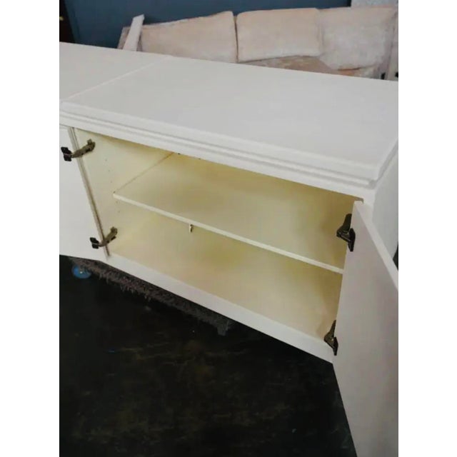 Late 20th Century Contemporary Painted Raffia Motorized Lift Bar Cabinet | Illuminated Entertaining Credenza | Hidden Cocktail Station For Sale - Image 13 of 15