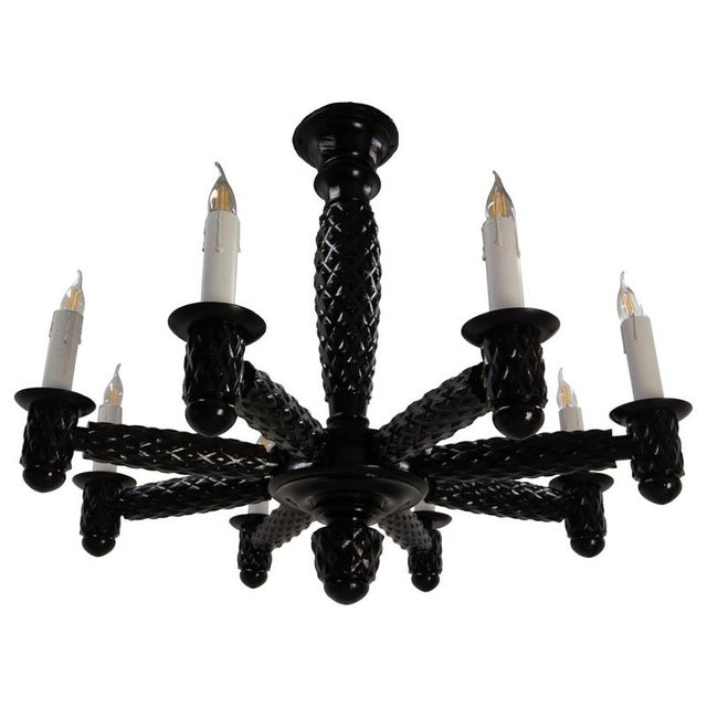 French Black Lacquered Wood Chandelier with Eight Lamps, 1940 For Sale - Image 13 of 13