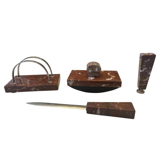 Vintage Swedish Art Deco Red Marble and Bronze Desk Set, 1920s, Set of 5 For Sale - Image 6 of 7