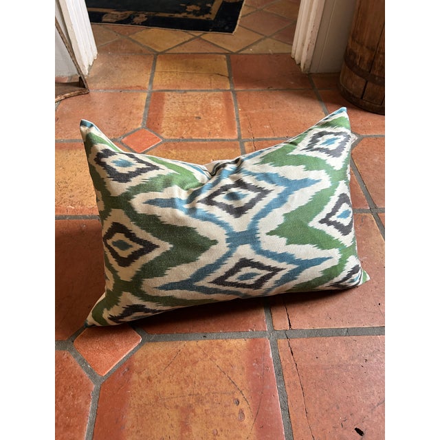 Handmade Silk Green and Blue Ikat Pillow. There is a total of 2 available. Slight variations in color and pattern are...