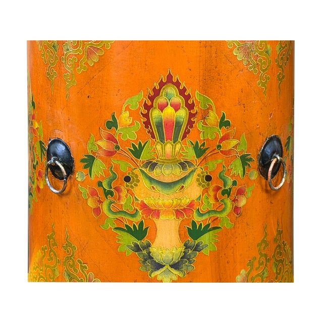 Distressed Light Orange Tibetan Style Jewel Symbol Round Drum Table For Sale - Image 10 of 10