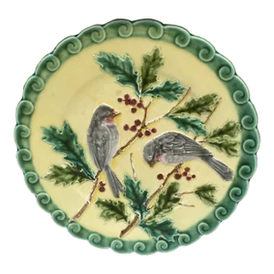 French Majolica Bird & Holly Plate Sarreguemines, Circa 1880