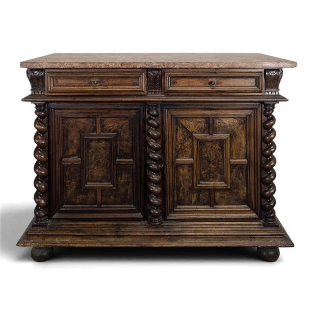 Brown Louis XIII Style Walnut Buffet with Twisted Columns and Pink Marble Top For Sale - Image 8 of 8