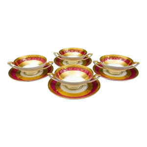Mid 20th Century Dw Porzellan Karlsbader Wertarbeit Fuchsia Gold Encrusted Cream Soup Bowl Set- 4 Pieces