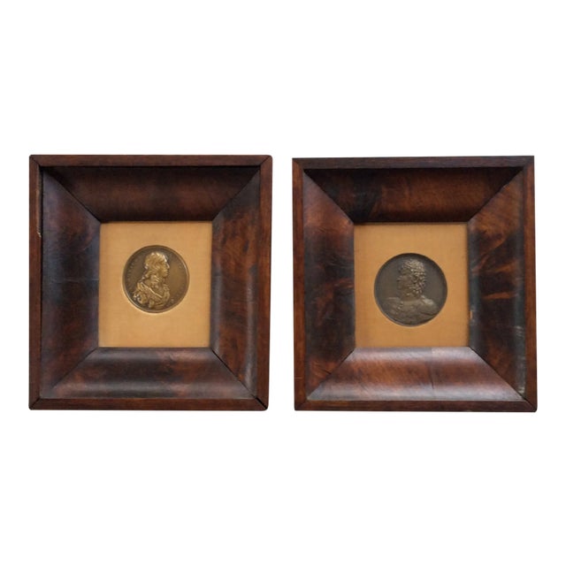 Antique French Bronze Portrait Medallions of Louis Xiii, Framed Walnut Shadow Boxes, For Sale