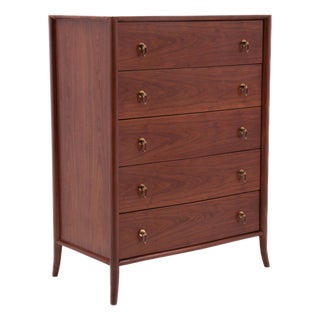 T.H. Robsjohn Gibbings Widdicomb Walnut Five Drawer Chest Klismos Leg Book Matched For Sale