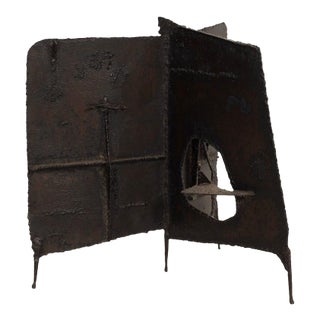 Brutalist Tripod Floor Sculpture, c.1955 – Blackened Steel & Orange Crystal For Sale