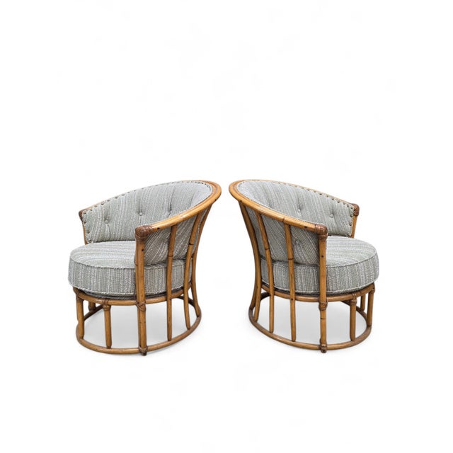 Heywood-Wakefield Mid-Century Modern Heywood Wakefield “Ashcraft” Bamboo Style Barrel-Back Rattan Lounge Chairs – Pair For Sale - Image 4 of 10