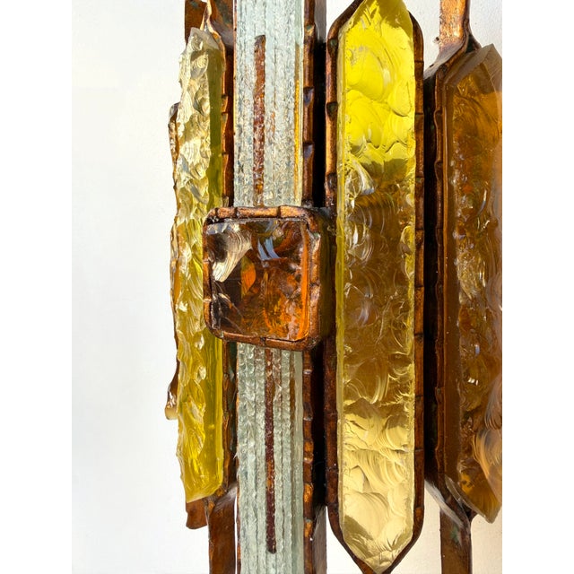 Yellow Pair of Hammered Glass Wrought Iron Sconces by Longobard, Italy, 1970s For Sale - Image 8 of 12