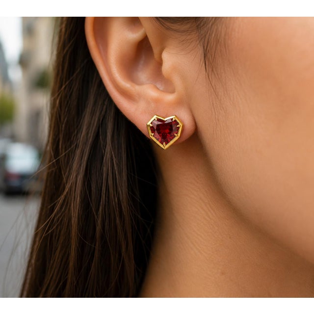 Metal Geometric Heart Garnet Stud Earrings, Silver, Gold, Pair For Sale - Image 7 of 8