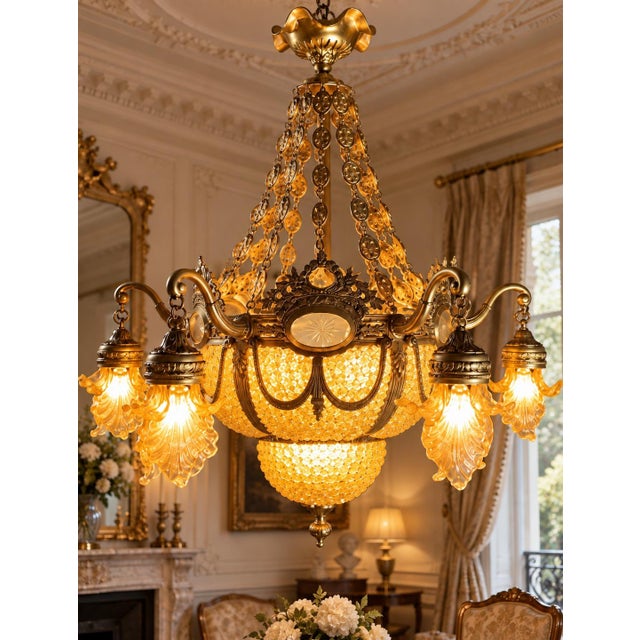 This impressive circa 1970 French Louis XVI Revival chandelier combines substantial solid-bronze construction with vibrant...