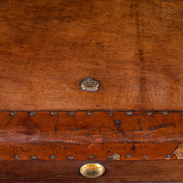 Pair of Late Vintage Campaign Luggage Trunks, English Leather Bedside Nightstand For Sale - Image 11 of 12