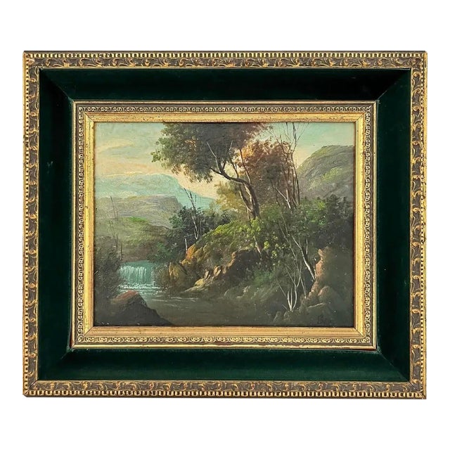 19th Century Style European Landscape Oil Painting, Giltwood & Green Velvet Frame For Sale
