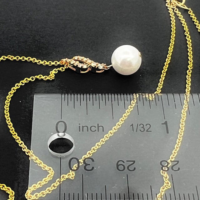 2010s Natural Solitaire Akoya Pearl Diamond Pendant Set 18" 14k YG 8.02 mm Certified For Sale - Image 5 of 6