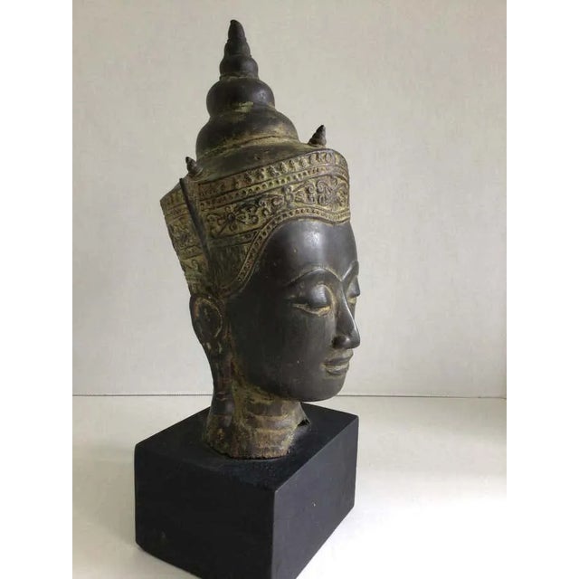 Religious 1960s Cast Bronze Crowned Tibetan Buddha Head on Painted Wood Base For Sale - Image 3 of 9