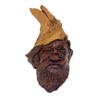 Late 20th Century Very Fine Detailed Burl Wood Carving of an Elf or Gnome Face Wall Sculpture MINT For Sale