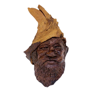 Late 20th Century Very Fine Detailed Burl Wood Carving of an Elf or Gnome Face Wall Sculpture MINT