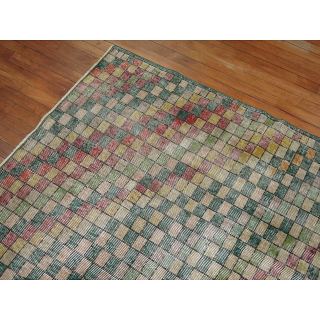 Late 20th Century Distressed Checkerboard Green Turkish Deco Room Rug For Sale In New York - Image 6 of 6
