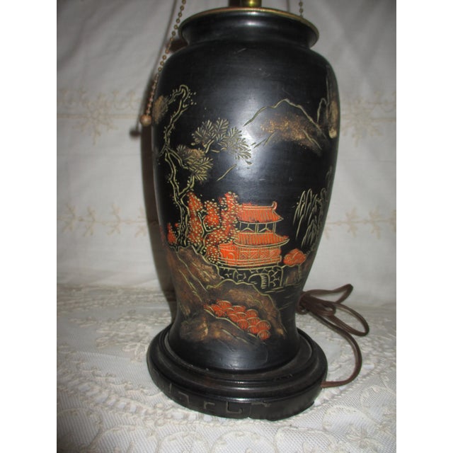 1900 - 1909 Antique Chinese Black With Mountain Scene Table Lamp on Carved Wood Base For Sale - Image 5 of 11