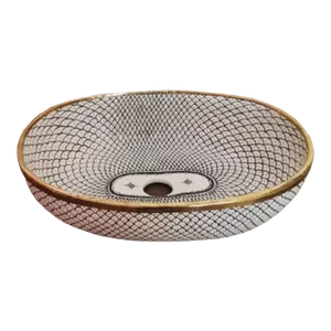 Contemporary Handmade Oval Pottery Sink With Black Finish and Double Brass Rim, Fish Skin Inspiration