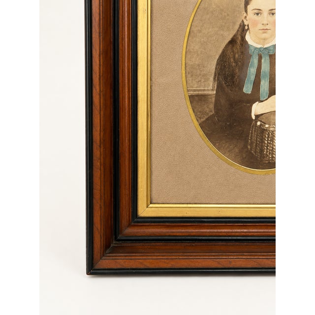 Late 19th Century Walnut & Ebonized Portrait Frame With Hand-Colored Oval Girl Image For Sale - Image 9 of 11