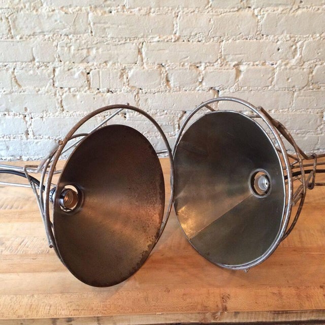 1940s Set of 3 Custom Industrial Gunmetal and Brushed Steel Pendant Lights For Sale - Image 9 of 9