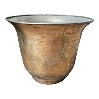 Vintage Etched Brass Crane & Bamboo Chinoiserie Planter For Sale