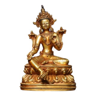 Vintage Gilt Bronze Green Tara Statue Buddhist Deity Sculpture 8.3" For Sale