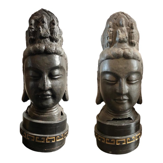 Heroic Ming Bodhisaatva Cast Iron Heads - Set of 2 For Sale