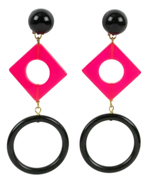 Black and Pink Bakelite Extra-Long Dangle Clip Earrings
