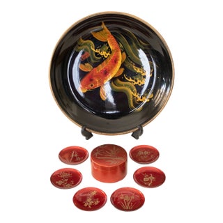 C. 1980s Japanese Lacquered Tray and Set of 6 Coasters in Box - 9 Pieces For Sale