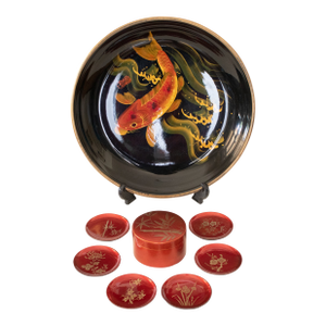 C. 1980s Japanese Lacquered Tray and Set of 6 Coasters in Box - 9 Pieces