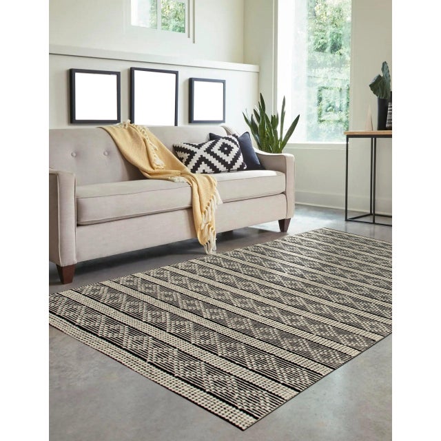 Contemporary 8x10 Selene Striped Black Kilim Geometric Contemporary Handmade Wool Carpet Rug For Sale - Image 3 of 9
