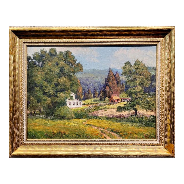 White Farm House in a Country Side Landscape -1930s Impressionist Oil Painting For Sale