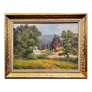 White Farm House in a Country Side Landscape -1930s Impressionist Oil Painting