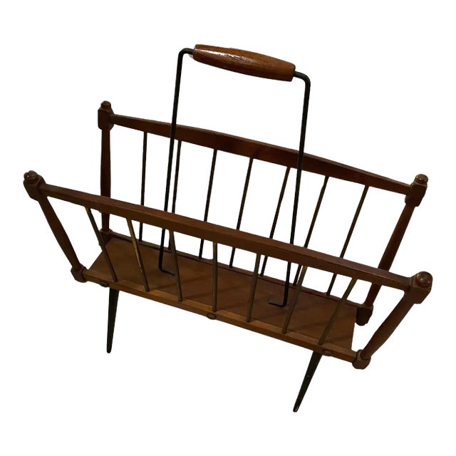 1960s Mid-Century Modern Teak and Black Painted Iron Italian Magazine Stand For Sale