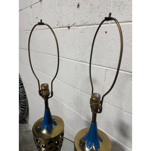 Highly unusual blue enamel and brass vented urn style lamps in the manner of Tony Paul. Guessing on the Westwood...
