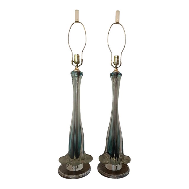 Mid 20th Century Mid-Century Modern Italian Sommerso Murano Glass Fluted Table Lamps - A Pair For Sale