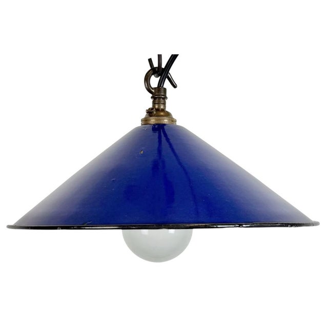 Industrial Cobalt Blue Enamel Factory Pendant Lamp, 1950s For Sale - Image 16 of 16