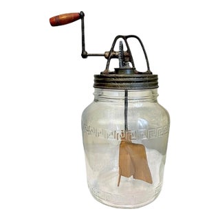 Antique Oakes MFG Co Butter Churn, Greek Key Glass Jar and Cast Iron Wooden Butter Churn For Sale