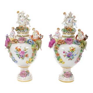 19th Century Meissen Rococo Style Flower-Encrusted Covered Urns From Germany For Sale