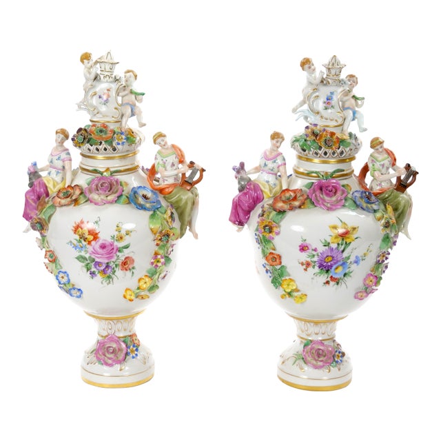 19th Century Meissen Rococo Style Flower-Encrusted Covered Urns From Germany For Sale