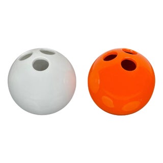 Italian Bowling Ball Vases in Orange and White Ceramic by Il Picchio, 1970s, Set of 2 For Sale