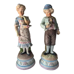 Pair Large Antique 19th Century French Bisque Porcelain Boy Girl Statues