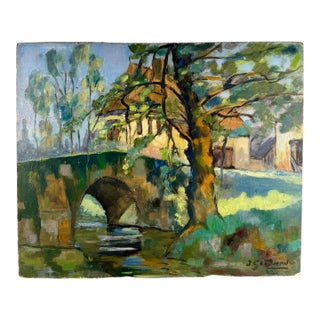 Vintage, French Oil on Board Riverscape Pays De Loire Painting For Sale