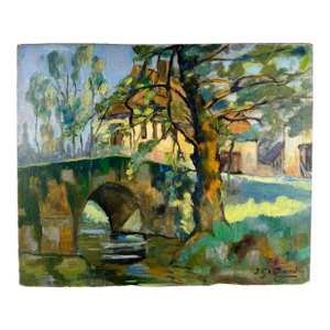 Vintage, French Oil on Board Riverscape Pays De Loire Painting