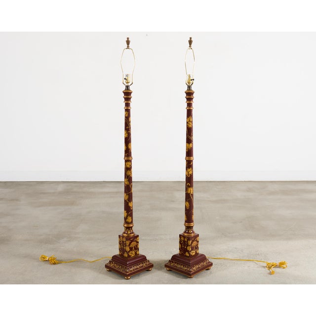 Chinoiserie Late 20th Century Lacquered Wood Chinoiserie Gilt Decorated Floor Lamps - a Pair For Sale - Image 3 of 18